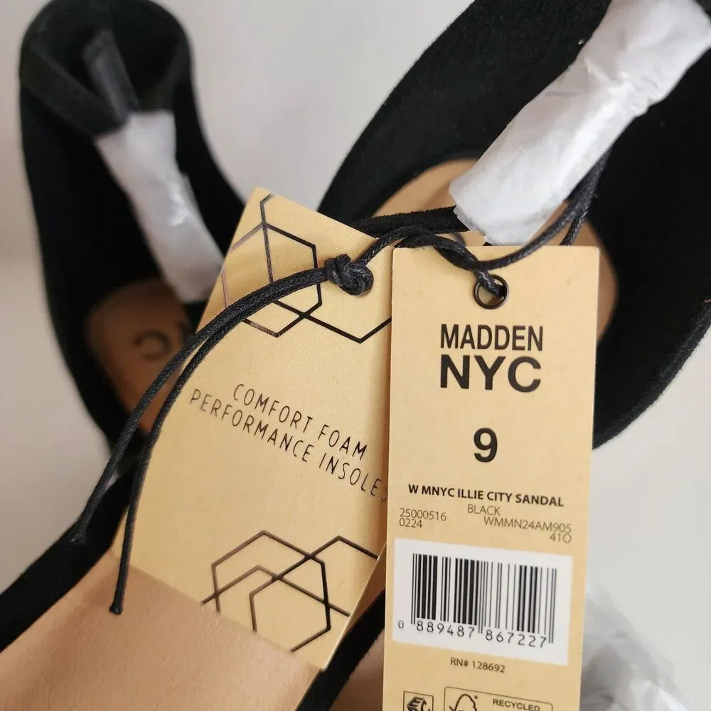 NIB MADDEN NYC WOMENS BLACK SZ 9 RHINESTONE ILLIE CITY BLOCK HEEL STRAPPY SANDAL
